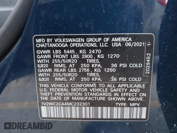 ✅ 2021 Volkswagen Atlas SE • VIN: 1V2WC2CA4MC232301 • Lot: 42538962. Listed on IAAI with Not provided. Free auction sales archive from the USA and detailed vehicle history report at DreamBid. Image 9.