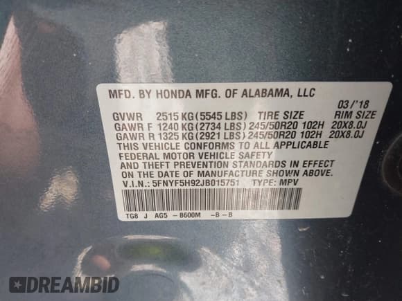 ✅ 2018 Honda Pilot Touring • VIN: 5FNYF5H92JB015751 • Lot: 43317959. Listed on IAAI with 79,947 mi. Free auction sales archive from the USA and detailed vehicle history report at DreamBid. Image 9.