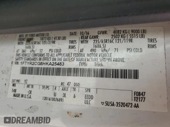 ✅ 2017 Ford Transit • VIN: 1FTYR2CG8HKA25483 • Lot: 70963565. Listed on Copart with 92,155 mi. Free auction sales archive from the USA and detailed vehicle history report at DreamBid. Image 12.