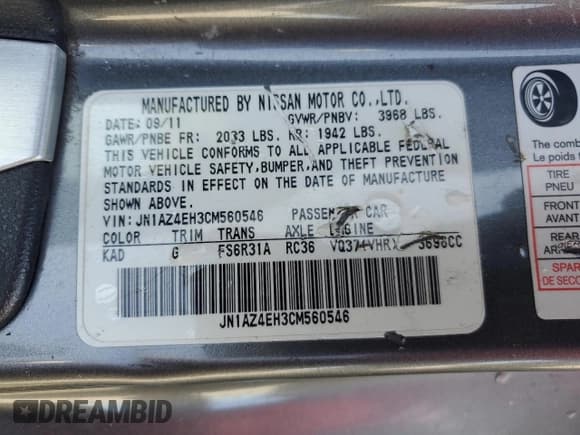 ✅ 2012 Nissan 370Z • VIN: JN1AZ4EH3CM560546 • Lot: 85726245. Listed on Copart with 94,628 mi. Free auction sales archive from the USA and detailed vehicle history report at DreamBid. Image 12.