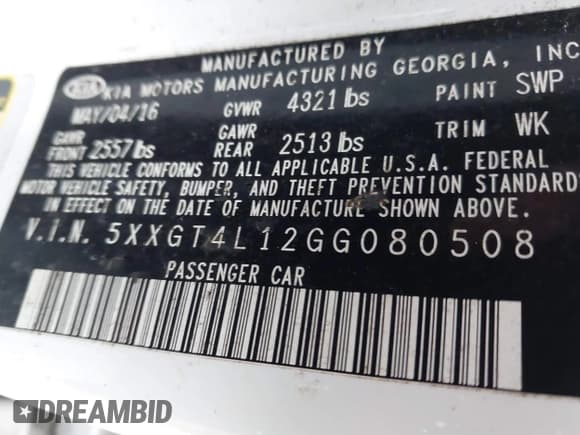 ✅ 2016 Kia Optima LX Turbo • VIN: 5XXGT4L12GG080508 • Lot: 43871524. Listed on IAAI with 115,414 mi. Free auction sales archive from the USA and detailed vehicle history report at DreamBid. Image 9.