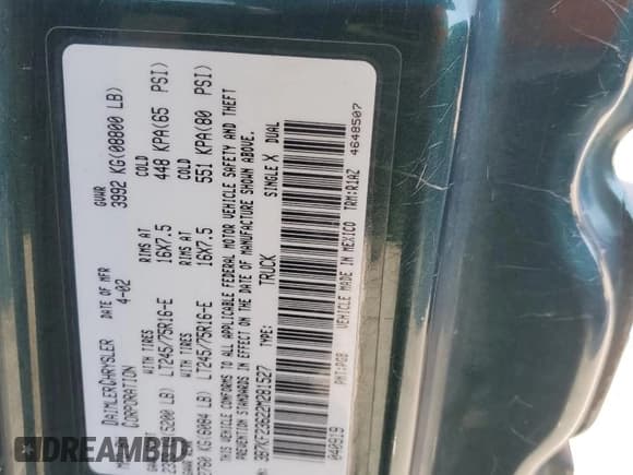 ✅ 2002 Dodge 2500 • VIN: 3B7KF23622M281527 • Lot: 70297065. Listed on Copart with 317,620 mi. Free auction sales archive from the USA and detailed vehicle history report at DreamBid. Image 12.