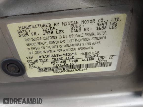 ✅ 2006 Nissan Sentra S • VIN: 3N1CB51D56L480198 • Lot: 43057809. Listed on IAAI with 124,147 mi. Free auction sales archive from the USA and detailed vehicle history report at DreamBid. Image 9.