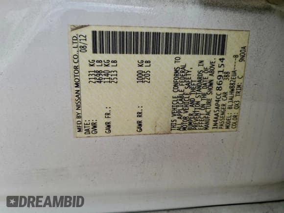 ✅ 2012 Nissan Maxima SV • VIN: 1N4AA5AP4CC869154 • Lot: 93751395. Listed on Copart with 169,863 mi. Free auction sales archive from the USA and detailed vehicle history report at DreamBid. Image 12.