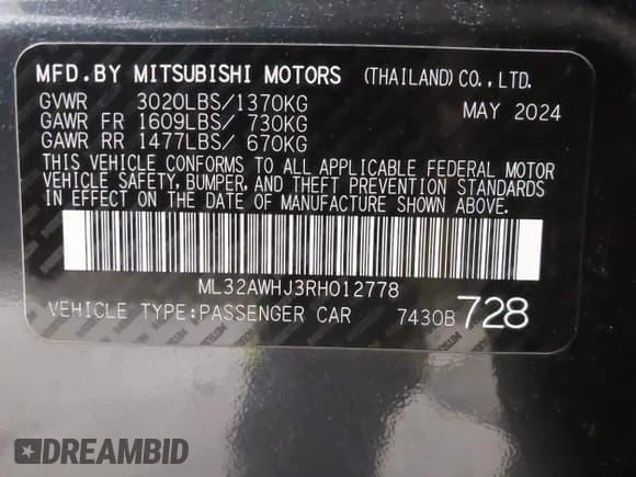 ✅ 2024 Mitsubishi Mirage Black Edition • VIN: ML32AWHJ3RH012778 • Lot: 41282520. Listed on IAAI with 2,255 mi. Free auction sales archive from the USA and detailed vehicle history report at DreamBid. Image 9.