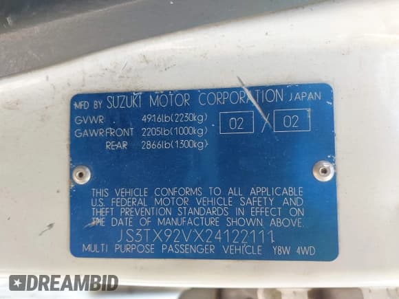 ✅ 2002 Suzuki XL7 Standard • VIN: JS3TX92VX24122111 • Lot: 42340894. Listed on IAAI with 250,309 mi. Free auction sales archive from the USA and detailed vehicle history report at DreamBid. Image 9.