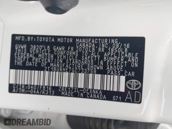 ✅ 2016 Toyota Corolla L • VIN: 2T1BURHE7GC733759 • Lot: 42365982. Listed on IAAI with 166,454 mi. Free auction sales archive from the USA and detailed vehicle history report at DreamBid. Image 9.