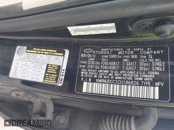 ✅ 2012 Hyundai Veracruz GLS • VIN: KM8NUDCC1CU186826 • Lot: 43536615. Listed on IAAI with 155,862 mi. Free auction sales archive from the USA and detailed vehicle history report at DreamBid. Image 9.