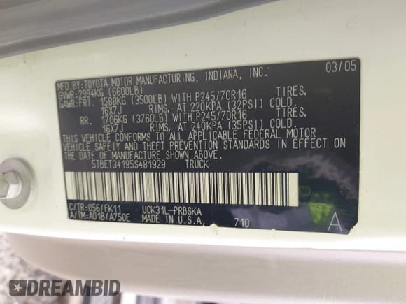 ✅ 2005 Toyota Tundra SR5 • VIN: 5TBET34195S481929 • Lot: 43305077. Listed on IAAI with 326,789 mi. Free auction sales archive from the USA and detailed vehicle history report at DreamBid. Image 9.