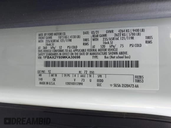 ✅ 2021 Ford Transit Passenger XL • VIN: 1FBAX2Y80MKA30698 • Lot: 40880936. Listed on IAAI with 119,808 mi. Free auction sales archive from the USA and detailed vehicle history report at DreamBid. Image 9.