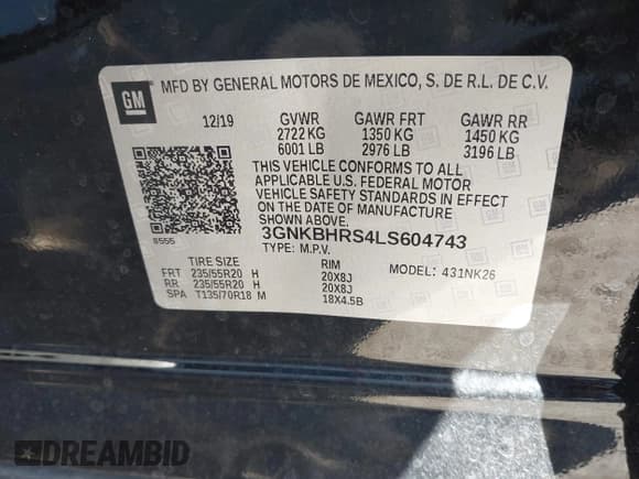 ✅ 2020 Chevrolet Blazer LT • VIN: 3GNKBHRS4LS604743 • Lot: 43462136. Listed on IAAI with 52,127 mi. Free auction sales archive from the USA and detailed vehicle history report at DreamBid. Image 9.