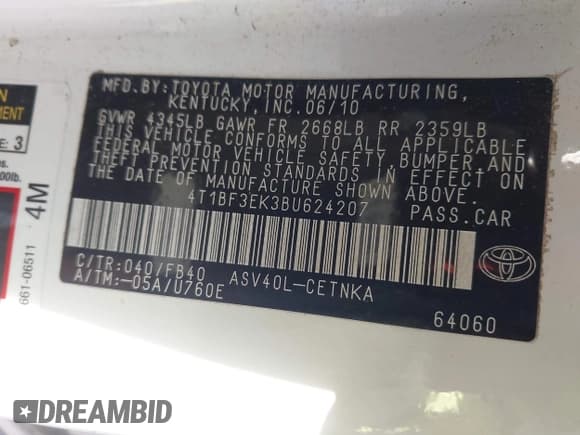 ✅ 2011 Toyota Camry LE • VIN: 4T1BF3EK3BU624207 • Lot: 43811476. Listed on IAAI with 190,385 mi. Free auction sales archive from the USA and detailed vehicle history report at DreamBid. Image 9.