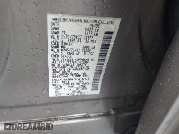 ✅ 2006 Nissan Titan XE • VIN: 1N6BA07A96N566056 • Lot: 42512629. Listed on IAAI with 189,139 mi. Free auction sales archive from the USA and detailed vehicle history report at DreamBid. Image 9.