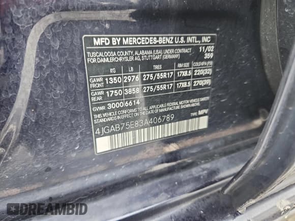 ✅ 2003 Mercedes-Benz M 500 • VIN: 4JGAB75E83A406789 • Lot: 92006665. Listed on Copart with 139,390 mi. Free auction sales archive from the USA and detailed vehicle history report at DreamBid. Image 13.