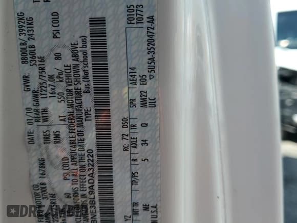 ✅ 2010 Ford Econoline Passenger XL • VIN: 1FBNE3BL9ADA32220 • Лот: 80999005. Опубликован ранее на Copart с пробегом 84 959 миль. Бесплатный доступ к архиву аукционных продаж из США и подробный отчёт об истории автомобиля на DreamBid. Изображение 13.