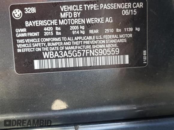 ✅ 2015 BMW 3 Series 328i • VIN: WBA3A5G57FNS90559 • Lot: 81435395. Listed on Copart with 142,750 mi. Free auction sales archive from the USA and detailed vehicle history report at DreamBid. Image 12.