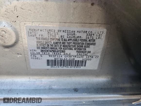 ✅ 2013 Nissan Versa S Plus • VIN: 3N1CN7AP9DL872353 • Lot: 69286275. Listed on Copart with 120,355 mi. Free auction sales archive from the USA and detailed vehicle history report at DreamBid. Image 13.