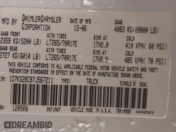 ✅ 2007 Dodge 2500 SLT • VIN: 1D7KS28C87J567211 • Lot: 41344967. Listed on IAAI with 194,618 mi. Free auction sales archive from the USA and detailed vehicle history report at DreamBid. Image 9.