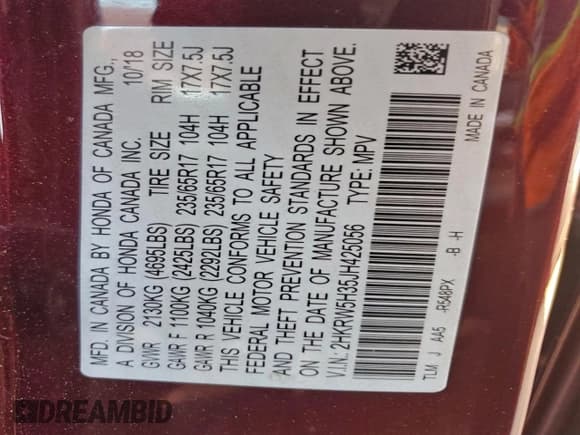 ✅ 2018 Honda CR-V LX • VIN: 2HKRW5H35JH425056 • Lot: 95182335. Wystawiony na Copart z przebiegiem 79 231 mil. Bezpłatny archiwum sprzedaży aukcyjnych z USA i szczegółowy raport historii pojazdu na DreamBid. Zdjęcie 13.