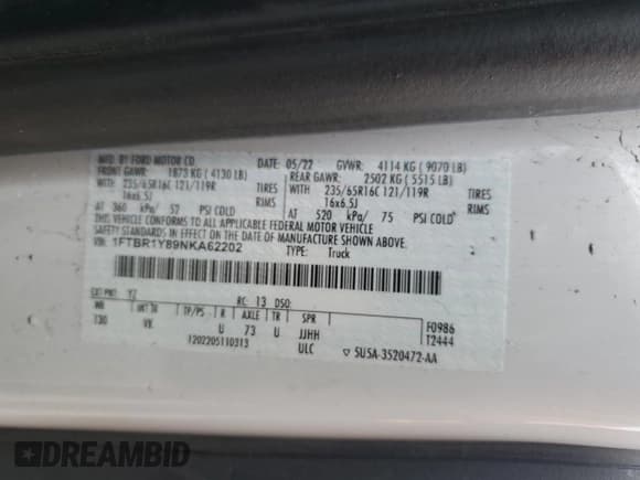 ✅ 2022 Ford Transit Cargo • VIN: 1FTBR1Y89NKA62202 • Lot: 81246115. Listed on Copart with 67,755 mi. Free auction sales archive from the USA and detailed vehicle history report at DreamBid. Image 13.