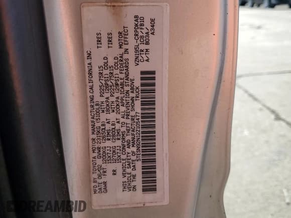 ✅ 2002 Toyota Tacoma PreRunner • VIN: 5TESN92N12Z105477 • Lot: 92028695. Listed on Copart with 284,953 mi. Free auction sales archive from the USA and detailed vehicle history report at DreamBid. Image 12.