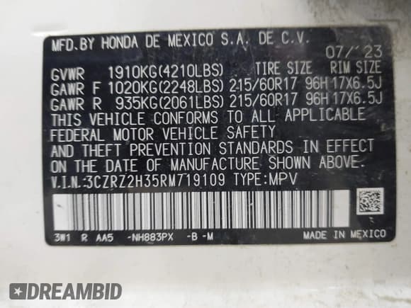 ✅ 2024 Honda HR-V LX • VIN: 3CZRZ2H35RM719109 • Lot: 43350815. Listed on IAAI with 29,816 mi. Free auction sales archive from the USA and detailed vehicle history report at DreamBid. Image 9.