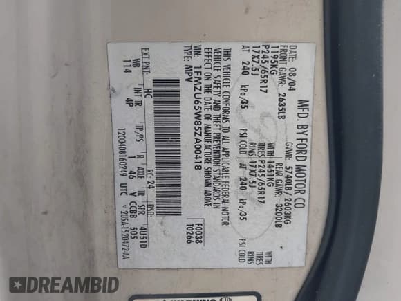 ✅ 2005 Ford Explorer Limited • VIN: 1FMZU65W85ZA00418 • Лот: 43629589. Опубликован ранее на IAAI с пробегом Не указан. Бесплатный доступ к архиву аукционных продаж из США и подробный отчёт об истории автомобиля на DreamBid. Изображение 9.