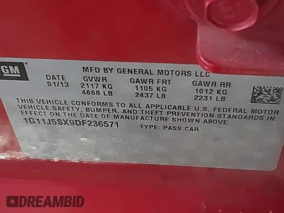 2013 Chevrolet Malibu LTZ with VIN 1G11J5SX9DF236571, listed as a IAAI auction lot 42312073 with 114,404 mi miles and . Bid and sale history available at DreamBid. Image 9.