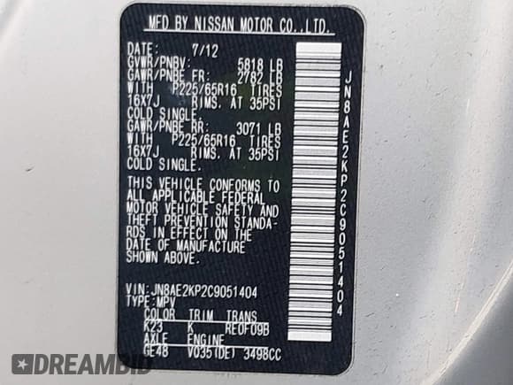 ✅ 2012 Nissan Quest SV • VIN: JN8AE2KP2C9051404 • Lot: 40417584. Listed on IAAI with 121,892 mi. Free auction sales archive from the USA and detailed vehicle history report at DreamBid. Image 9.