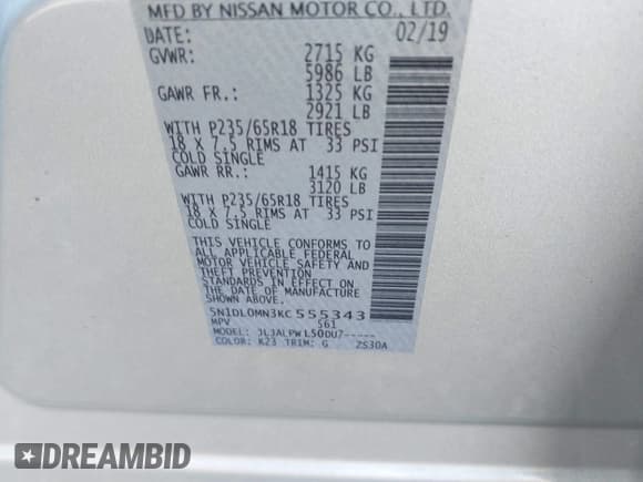 ✅ 2019 Infiniti QX60 Luxe • VIN: 5N1DL0MN3KC555343 • Lot: 41331200. Listed on IAAI with 103,085 mi. Free auction sales archive from the USA and detailed vehicle history report at DreamBid. Image 9.