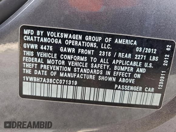 ✅ 2012 Volkswagen Passat SE • VIN: 1VWBH7A38CC071319 • Lot: 96251235. Listed on Copart with 234,819 mi. Free auction sales archive from the USA and detailed vehicle history report at DreamBid. Image 12.