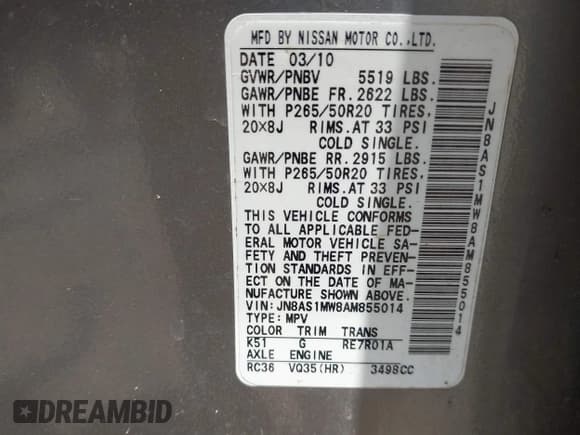 ✅ 2010 Infiniti FX • VIN: JN8AS1MW8AM855014 • Lot: 42581928. Wystawiony na IAAI z przebiegiem 262 728 mil. Bezpłatny archiwum sprzedaży aukcyjnych z USA i szczegółowy raport historii pojazdu na DreamBid. Zdjęcie 9.