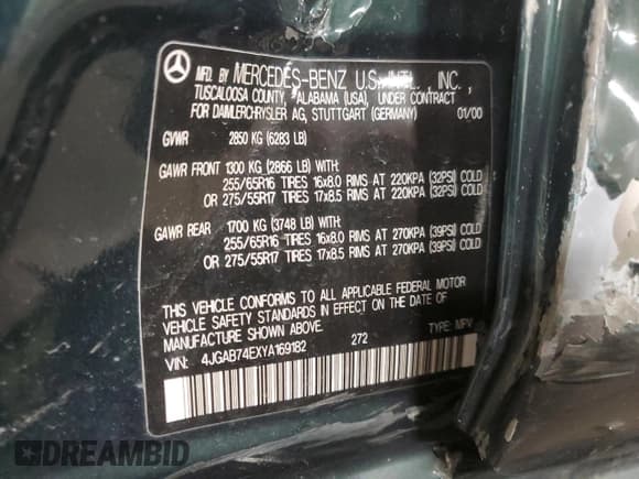 ✅ 2000 Mercedes-Benz M AMG • VIN: 4JGAB74EXYA169182 • Лот: 83910164. Опубликован ранее на Copart с пробегом Не указан. Бесплатный доступ к архиву аукционных продаж из США и подробный отчёт об истории автомобиля на DreamBid. Изображение 16.