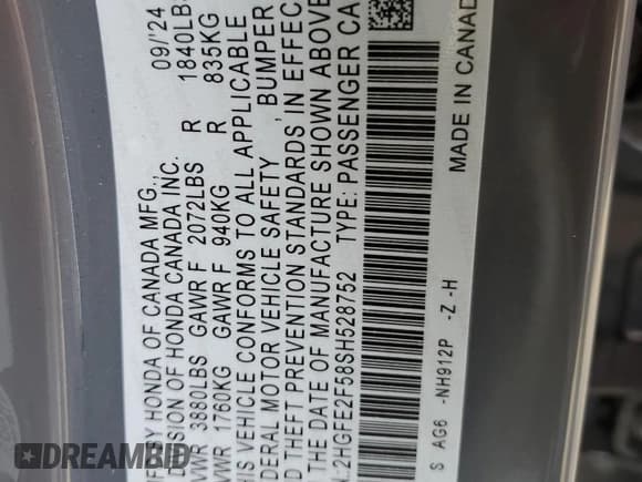 ✅ 2025 Honda Civic Sport • VIN: 2HGFE2F58SH528752 • Lot: 91472185. Listed on Copart with 16,939 mi. Free auction sales archive from the USA and detailed vehicle history report at DreamBid. Image 12.