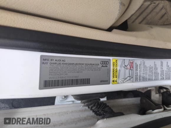 ✅ 2007 Audi A4 2.0T • VIN: WAUDF48H27K037497 • Lot: 54057075. Listed on Copart with 189,794 mi. Free auction sales archive from the USA and detailed vehicle history report at DreamBid. Image 12.