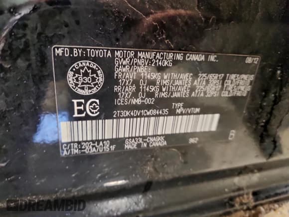 ✅ 2012 Toyota RAV4 Limited • VIN: 2T3DK4DV1CW084435 • Lot: 95935055. Listed on Copart with 162,618 mi. Free auction sales archive from the USA and detailed vehicle history report at DreamBid. Image 13.