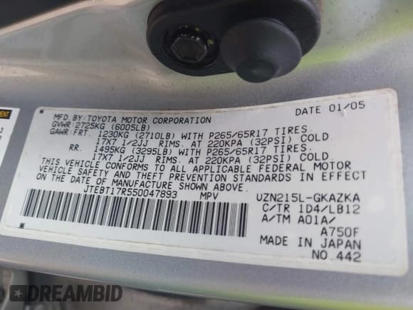 ✅ 2005 Toyota 4Runner Limited • VIN: JTEBT17R550047893 • Lot: 42555116. Listed on IAAI with 245,284 mi. Free auction sales archive from the USA and detailed vehicle history report at DreamBid. Image 9.