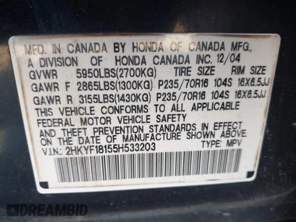✅ 2005 Honda Pilot LX • VIN: 2HKYF18155H533203 • Lot: 43518035. Wystawiony na IAAI z przebiegiem 360 335 mil. Bezpłatny archiwum sprzedaży aukcyjnych z USA i szczegółowy raport historii pojazdu na DreamBid. Zdjęcie 9.