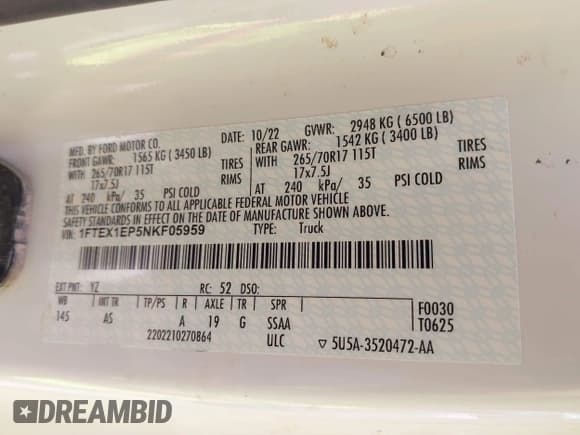 ✅ 2022 Ford F-150 XL • VIN: 1FTEX1EP5NKF05959 • Lot: 41776623. Listed on IAAI with 79,031 mi. Free auction sales archive from the USA and detailed vehicle history report at DreamBid. Image 9.