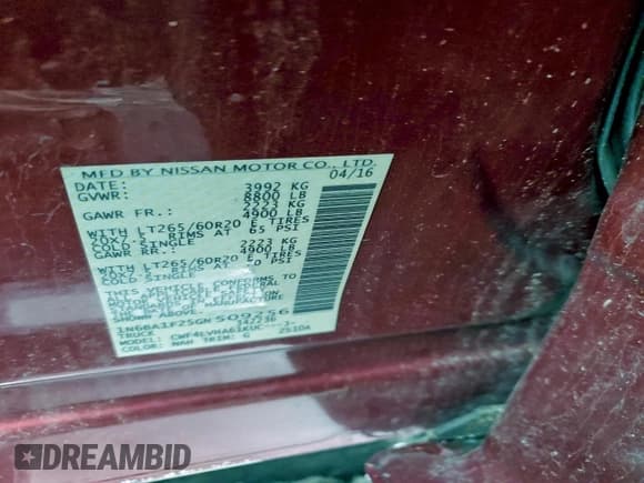 ✅ 2016 Nissan Titan Platinum Reserve • VIN: 1N6BA1F25GN509256 • Lot: 95889345. Listed on Copart with 174,277 mi. Free auction sales archive from the USA and detailed vehicle history report at DreamBid. Image 12.