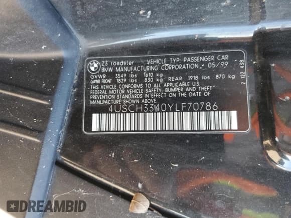 ✅ 2000 BMW Z3 2.8 • VIN: 4USCH3340YLF70786 • Лот: 81828244. Опубликован ранее на Copart с пробегом 190 495 миль. Бесплатный доступ к архиву аукционных продаж из США и подробный отчёт об истории автомобиля на DreamBid. Изображение 12.