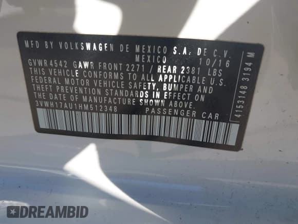 ✅ 2017 Volkswagen Golf S • VIN: 3VWH17AU1HM512348 • Lot: 43617107. Listed on IAAI with 79,960 mi. Free auction sales archive from the USA and detailed vehicle history report at DreamBid. Image 9.