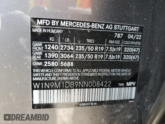 ✅ 2022 Mercedes-Benz EQB 350 • VIN: W1N9M1DB9NN008422 • Lot: 54543705. Wystawiony na Copart z przebiegiem 23 616 mil. Bezpłatny archiwum sprzedaży aukcyjnych z USA i szczegółowy raport historii pojazdu na DreamBid. Zdjęcie 14.
