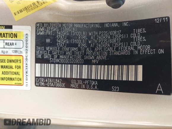 ✅ 2012 Toyota Sienna XLE AAS • VIN: 5TDYK3DC0CS209033 • Лот: 42868325. Опубликован ранее на IAAI с пробегом 166 780 миль. Бесплатный доступ к архиву аукционных продаж из США и подробный отчёт об истории автомобиля на DreamBid. Изображение 9.