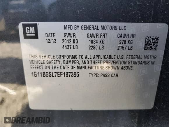 ✅ 2014 Chevrolet Malibu LS • VIN: 1G11B5SL7EF187396 • Lot: 87477905. Listed on Copart with Not provided. Free auction sales archive from the USA and detailed vehicle history report at DreamBid. Image 12.