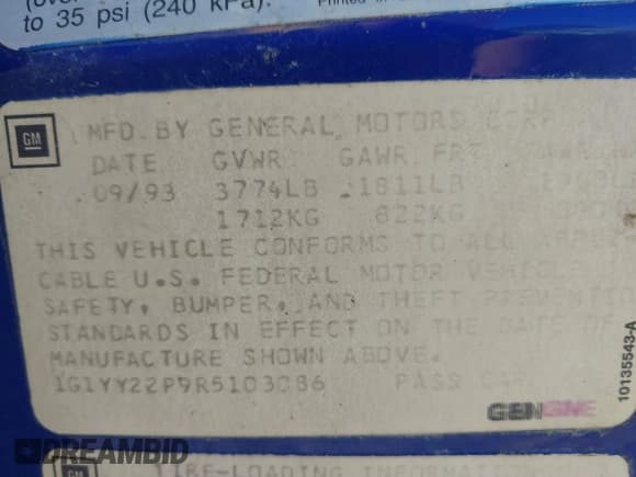 ✅ 1994 Chevrolet Corvette • VIN: 1G1YY22P9R5103086 • Lot: 43750850. Listed on IAAI with 137,181 mi. Free auction sales archive from the USA and detailed vehicle history report at DreamBid. Image 9.