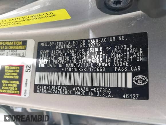 2019 Toyota Camry LE with VIN 4T1B11HK8KU175668, listed as a IAAI auction lot 43397625 with 260,310 mi miles and . Bid and sale history available at DreamBid. Image 9.