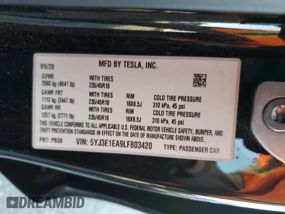 ✅ 2020 Tesla Model 3 Standard Range Plus • VIN: 5YJ3E1EA9LF803420 • Lot: 82601415. Wystawiony na Copart z przebiegiem 34 544 mil. Bezpłatny archiwum sprzedaży aukcyjnych z USA i szczegółowy raport historii pojazdu na DreamBid. Zdjęcie 12.