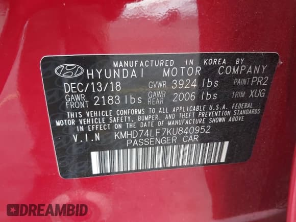 ✅ 2019 Hyundai Elantra SE • VIN: KMHD74LF7KU840952 • Lot: 43149729. Listed on IAAI with 43,435 mi. Free auction sales archive from the USA and detailed vehicle history report at DreamBid. Image 9.