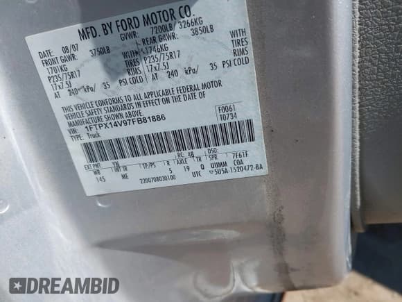 ✅ 2007 Ford F-150 XLT • VIN: 1FTPX14V97FB81886 • Lot: 42815234. Listed on IAAI with 143,784 mi. Free auction sales archive from the USA and detailed vehicle history report at DreamBid. Image 9.